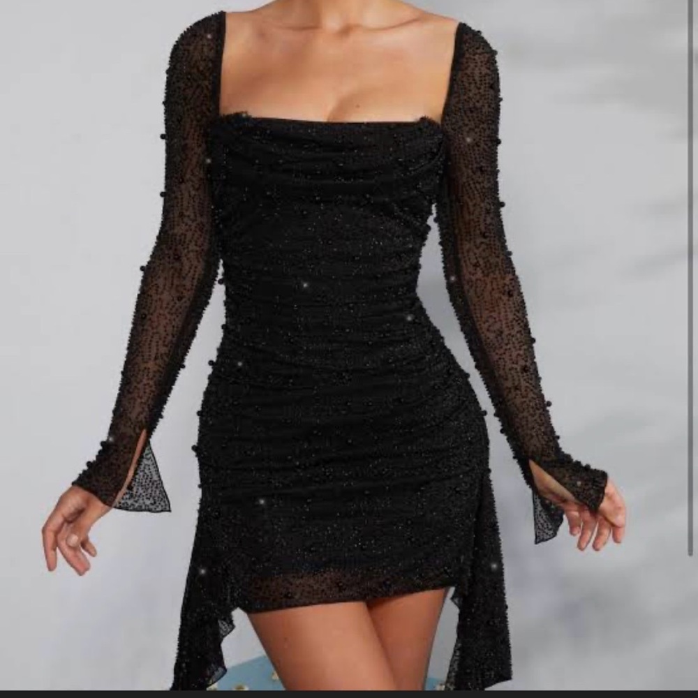 Oh Polly Black Tivoli Beaded Long Sleeve Mini Dress